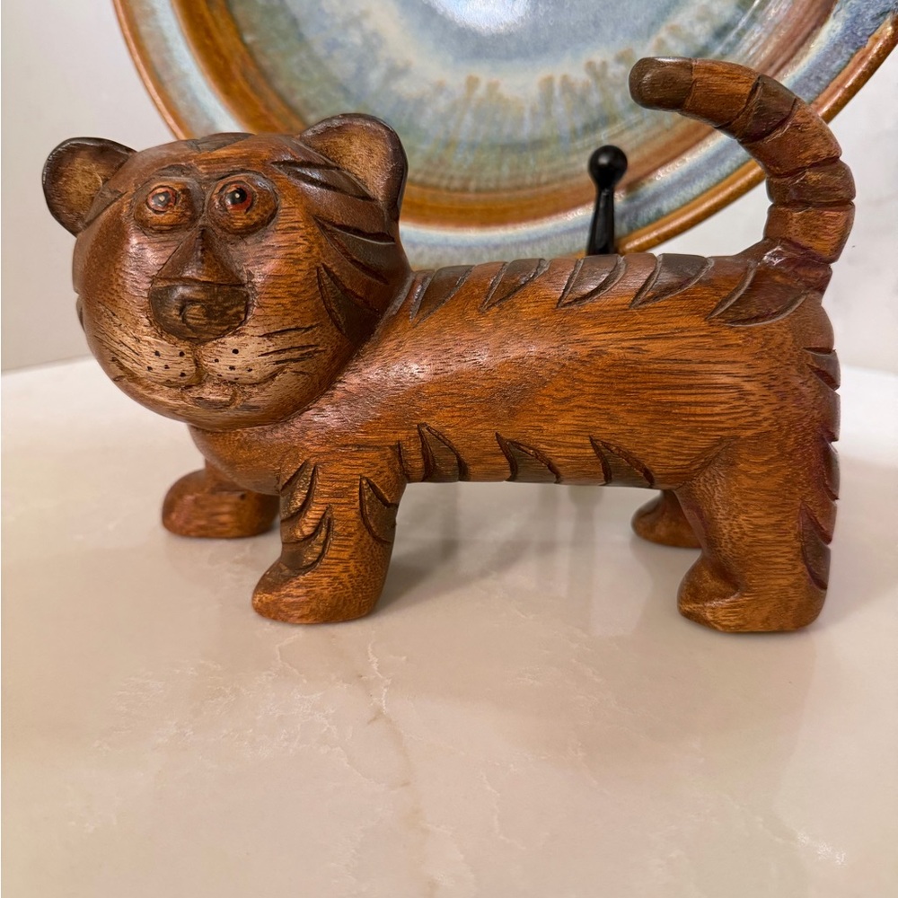 Handcrafted Brown Wooden Tiger Figurine
